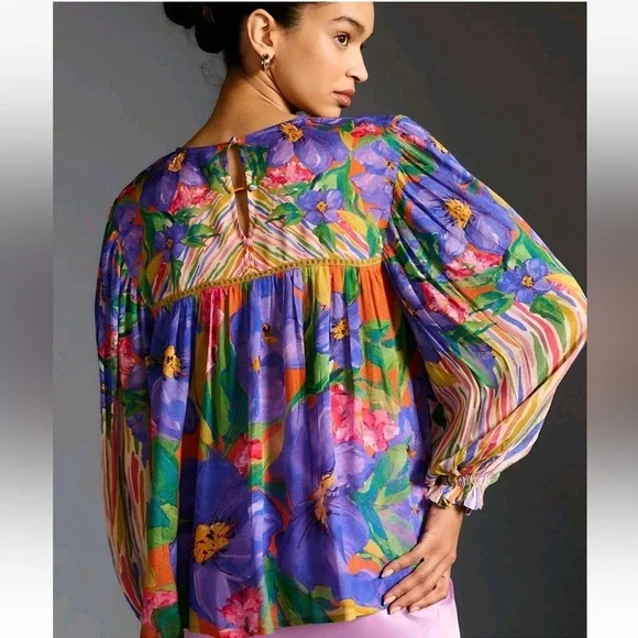 Bl^nk London Anthropologie Miranda Peasant Blouse S Balloon Sleeve Multicolor - Picture 2 of 9